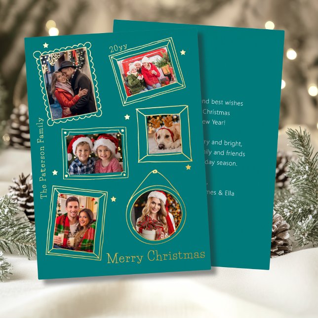 Merry Christmas Doodle Frame Multi Photo Foil Holiday Card (Creator Uploaded)