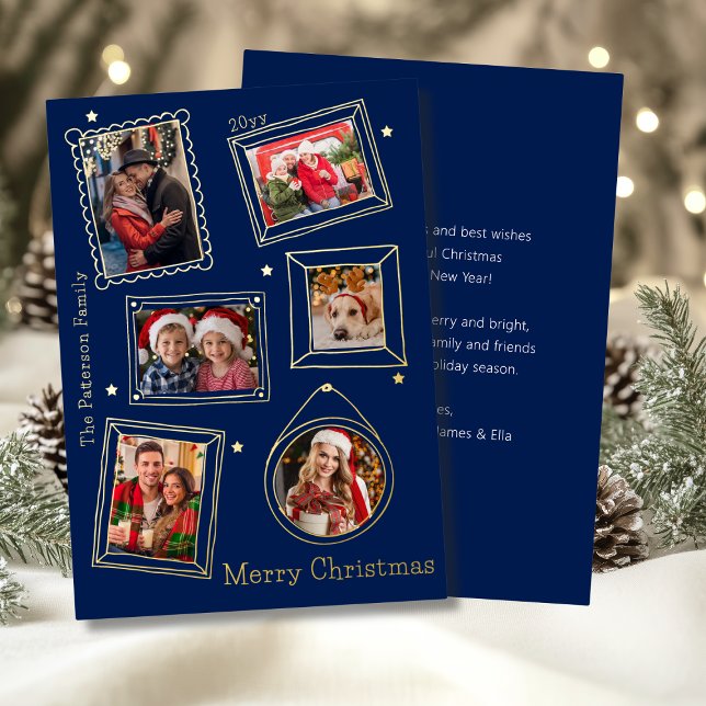Merry Christmas Doodle Frame Multi Photo Foil Holiday Card (Creator Uploaded)