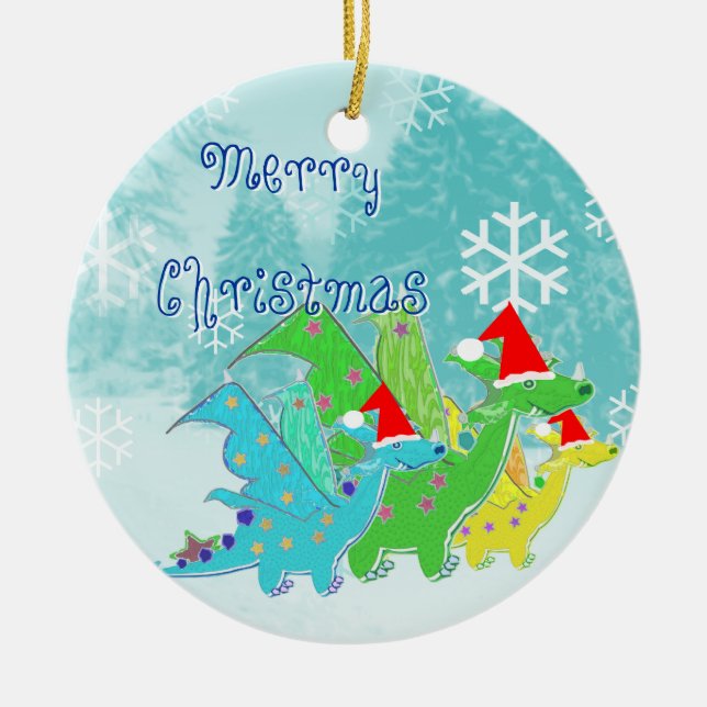 Merry Christmas Dragons Ceramic Ornament (Front)