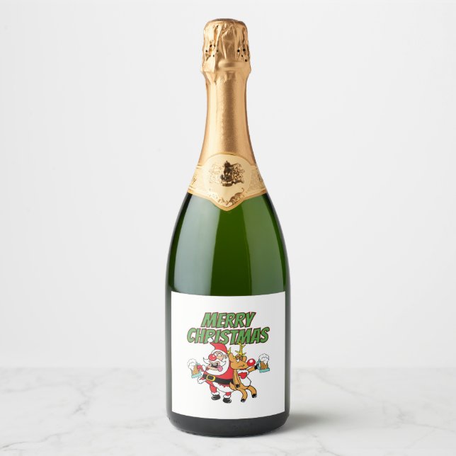 Merry Christmas Drunken Santa Claus Reindeer Beer Sparkling Wine Label (Front)