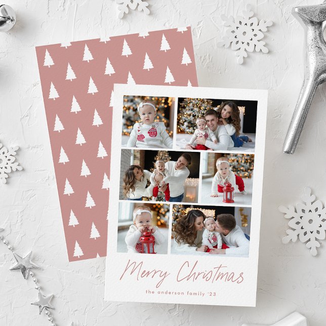 Merry Christmas Dusty Rose Script 6 Photo Collage Holiday Card (Creator Uploaded)