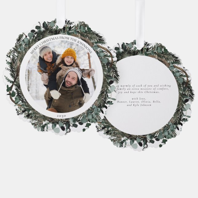 Merry Christmas Dusty Winter Greenery Photo Wreath Ornament Card (Front/Back)