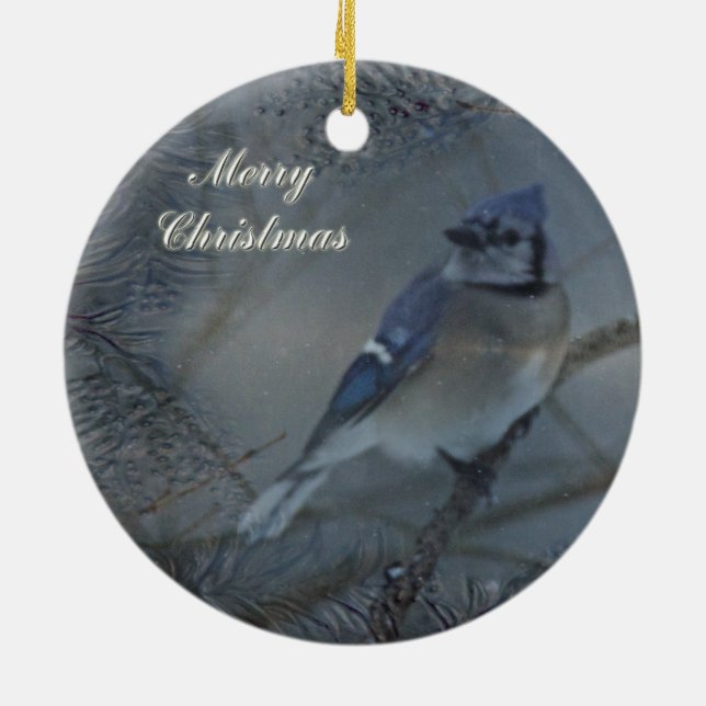 Merry Christmas - Eastern Blue Jay Ceramic Ornament (Back)