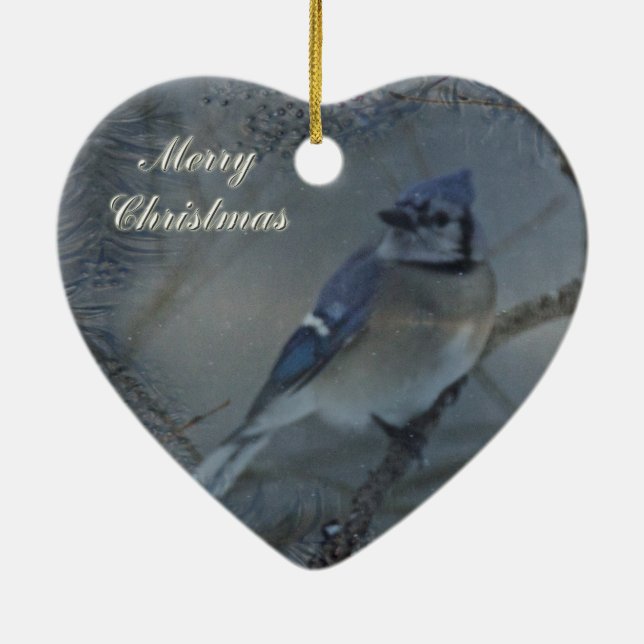 Merry Christmas - Eastern Blue Jay Ceramic Ornament (Back)