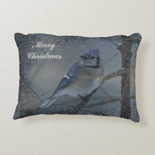 Merry Christmas - Eastern Blue Jay Decorative Pillow