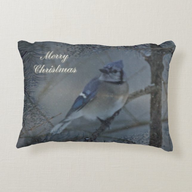 Merry Christmas - Eastern Blue Jay Decorative Pillow (Back)