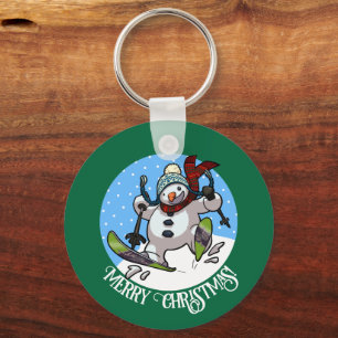 Merry Christmas! Editable Text Skiing Snowman Keychain