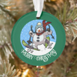 Merry Christmas! Editable Text Skiing Snowman Ornament<br><div class="desc">A festive decoration for your Christmas tree, featuring a cartoon of a jolly snowman with a carrot nose and coal eyes, dashing through the snow on skis, in woolly winter hat and tartan scarf. An upbeat image for Xmas or throughout the winter. Change the default "Merry Christmas!" text to your...</div>