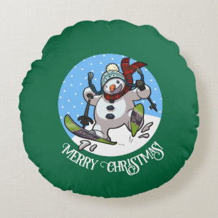 Merry Christmas! Editable Text Skiing Snowman Round Pillow