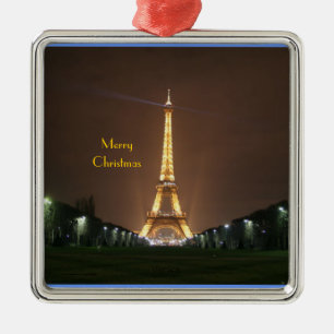 Merry Christmas - Eiffel Tower at night Metal Ornament