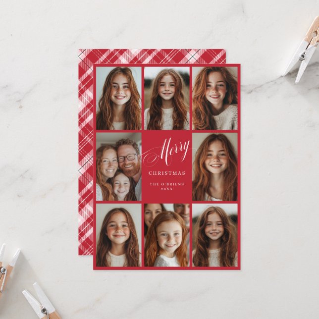 Merry Christmas eight multi photo design red Invitation (Front/Back In Situ)