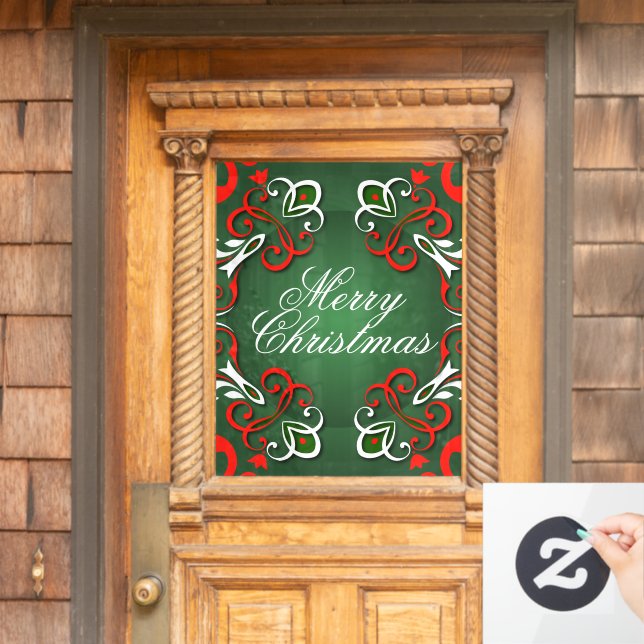 Merry Christmas Elegant Baroque Red Green & White Window Cling (Home Door)