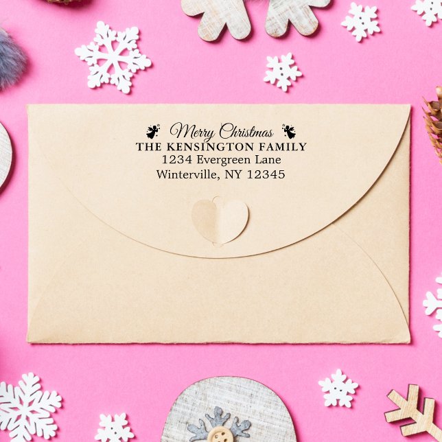 Merry Christmas Elegant Black Angels Self-inking Stamp (Custom Merry Christmas Family Address with Bells Self-inking Stamp)