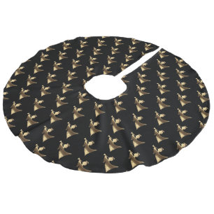Merry Christmas Elegant Black Gold Angel Pattern Faux Linen Tree Skirt