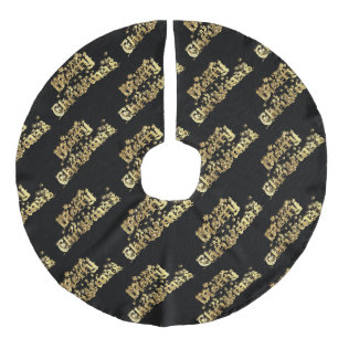 Merry Christmas Elegant Black Gold Star Typography Faux Linen Tree Skirt
