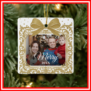 Merry Christmas Elegant Bow Present Photo Collage Ceramic Ornament