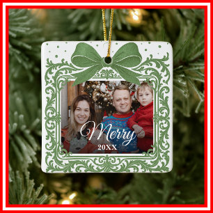 Merry Christmas Elegant Bow Present Photo Collage Ceramic Ornament