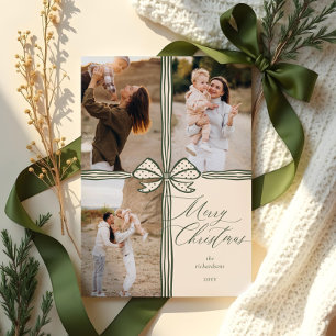 Merry Christmas Elegant Bow Present Photo Collage Holiday Card