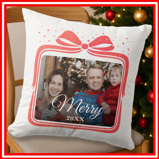  Merry Christmas Elegant Bow Present Photo Collage Throw Pillow (Creator Uploaded)
