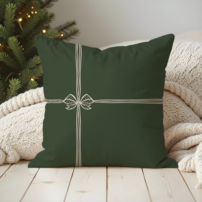 Merry Christmas Elegant Bow & Ribbon Present Green Throw Pillow (Merry Christmas Elegant Bow & Ribbon Present Green Throw Pillow)