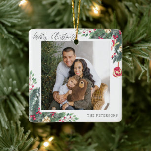 Merry Christmas Elegant Christmas Greeting Photo Ceramic Ornament