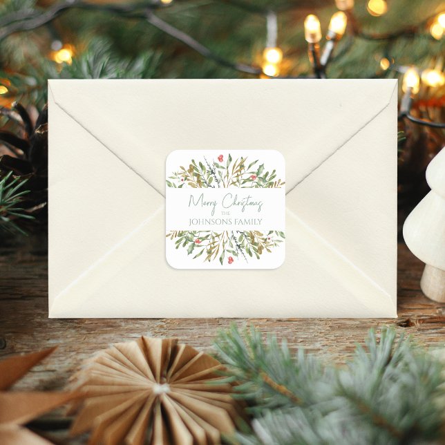 Merry Christmas Elegant Custom Greenery Square Sticker (Creator Uploaded)