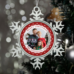 Merry Christmas Elegant Family Photo Red & White Snowflake Pewter Christmas Ornament