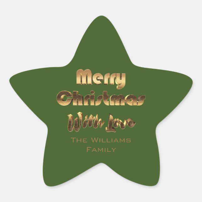 Merry Christmas Elegant Faux Gold Typography Green Star Sticker (Front)