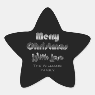 Merry Christmas Elegant Faux Silver Grey Black Star Sticker