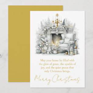 Merry Christmas Elegant Fireplace with Chandelier Holiday Card
