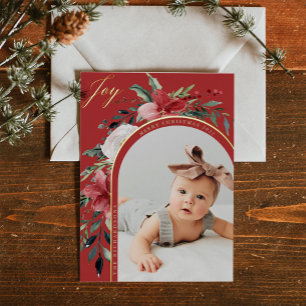 Merry Christmas Elegant Floral Arch and Photo Foil Holiday Postcard