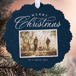 Merry Christmas elegant four photo collage navy Ornament Card<br><div class="desc">Send Christmas cheer this year with this simple and elegant navy blue four-photo holiday card. The beautiful Merry Christmas type treatment is paired with one photo on the front and three scrapbook-style photos on the back. The festive and unique holiday card also features an area for a custom message on...</div>