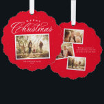 Merry Christmas elegant four photo collage red Ornament Card<br><div class="desc">Send Christmas cheer this year with this simple and elegant red four-photo holiday card. The beautiful Merry Christmas type treatment is paired with one photo on the front and three scrapbook-style photos on the back. The festive holiday card also features an area for a custom message on the back. The...</div>