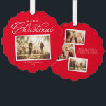 Merry Christmas elegant four photo collage red Ornament Card<br><div class="desc">Send Christmas cheer this year with this simple and elegant red four-photo holiday card. The beautiful Merry Christmas type treatment is paired with one photo on the front and three scrapbook-style photos on the back. The festive holiday card also features an area for a custom message on the back. The...</div>