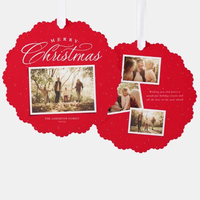 Merry Christmas elegant four photo collage red Ornament Card (Front/Back)