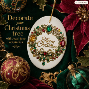 Merry Christmas Elegant Gemstone Wreath Ceramic Ornament
