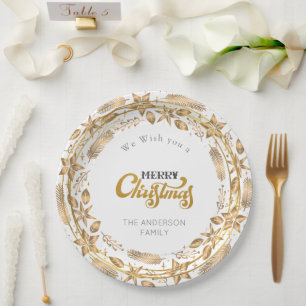 Merry Christmas Elegant Gold Arch White Paper Plat Plate