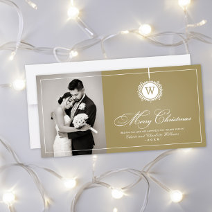 Merry Christmas Elegant Gold Monogram Photo Holiday Card