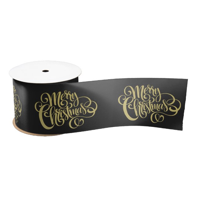 Merry Christmas Elegant Gold Script Black Satin Ribbon (Spool)