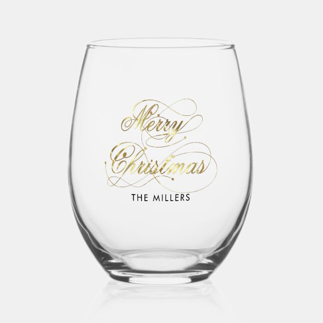 Merry Christmas Elegant Gold Typography Stemless Wine Glass (Front)