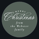 Merry Christmas elegant green holiday gift  Classic Round Sticker<br><div class="desc">Say Merry Christmas in style with this elegant green Christmas gift sticker. The type treatment features an elegant script "Christmas" and there's room to personalize who the gift is from. This design coordinates with the Lea Delaveris Design collection where you can find coordinating cards, gifts and more. Other colours and...</div>
