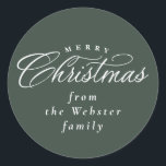 Merry Christmas elegant green holiday gift  Classic Round Sticker<br><div class="desc">Say Merry Christmas in style with this elegant green Christmas gift sticker. The type treatment features an elegant script "Christmas" and there's room to personalize who the gift is from. This design coordinates with the Lea Delaveris Design collection where you can find coordinating cards, gifts and more. Other colours and...</div>