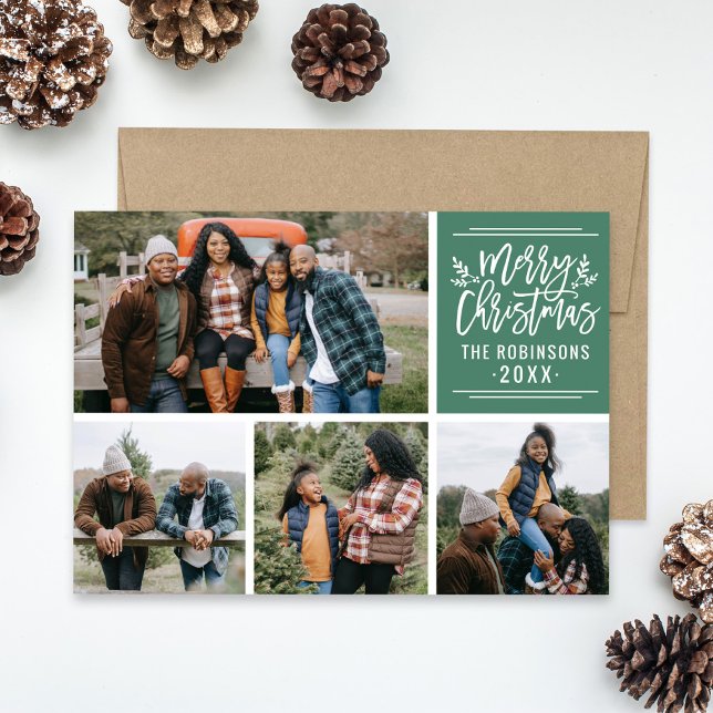 Merry Christmas Elegant Green Script Photo Collage Holiday Card (Creator Uploaded)
