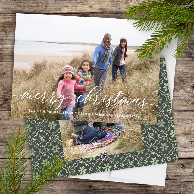 Merry Christmas Elegant Green Snowflake Two Photo Holiday Card (Merry Christmas Calligraphy Script holiday photo card with elegant snowflake pattern)
