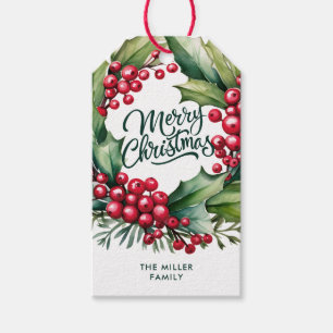 Merry Christmas Elegant Greenery Berry Wreath Gift Tags