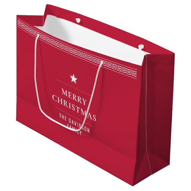 Merry Christmas Elegant Modern Red Greek Meander Large Gift Bag (Front Angled)