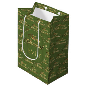 Merry Christmas Elegant Olive Green Gold Script Medium Gift Bag