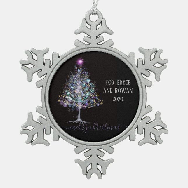 Merry Christmas elegant pastel lit tree on black Snowflake Pewter Christmas Ornament (Front)
