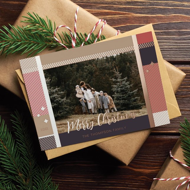 Merry Christmas Elegant Plaid Pattern Photo Frame Foil Holiday Card (Creator Uploaded)