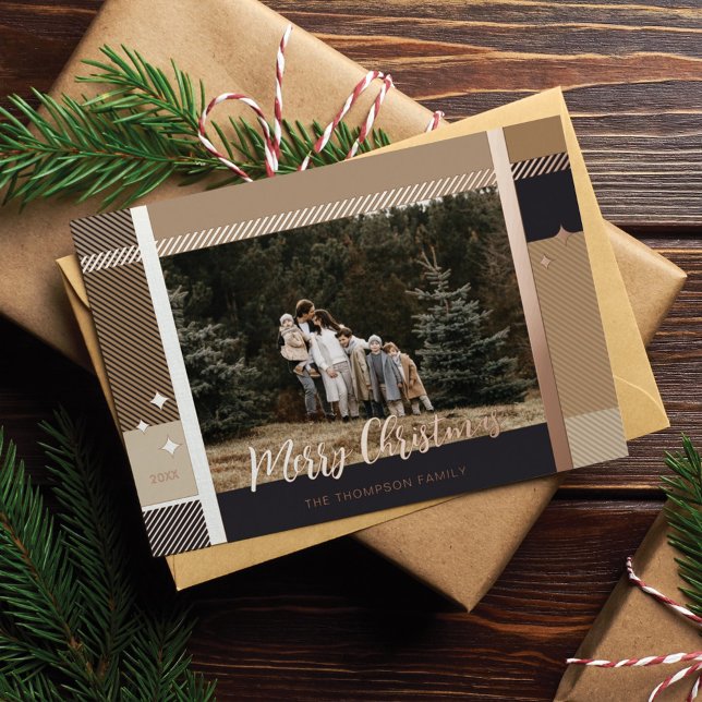 Merry Christmas Elegant Plaid Pattern Photo Frame Foil Holiday Card (Creator Uploaded)